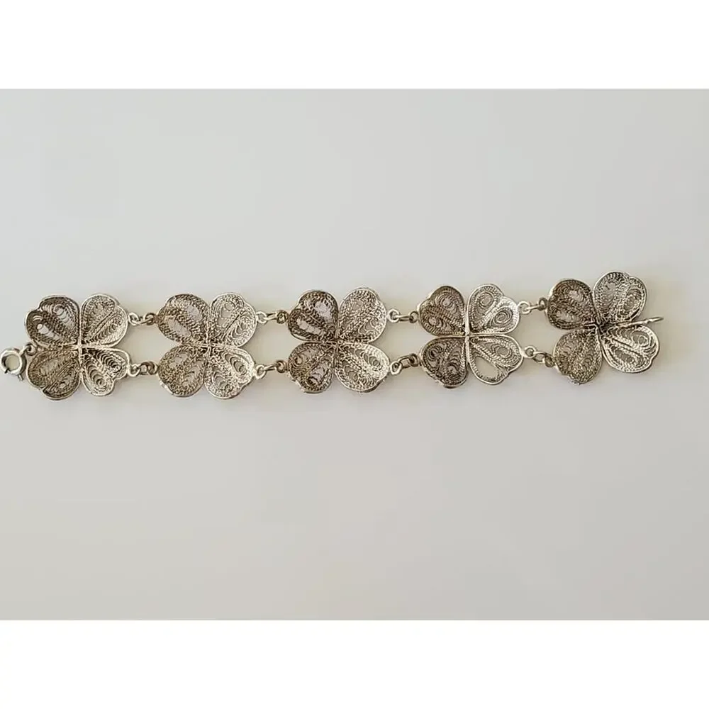 Vintage Silver Filigree Four Clover Link Bracelet – 6.25 in